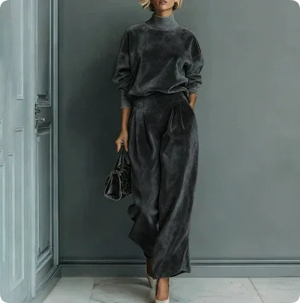 Casual Warm Velour Long-sleeved Solid Color High-neck Zipper Wide-leg Sportswear - DanaFashionstore