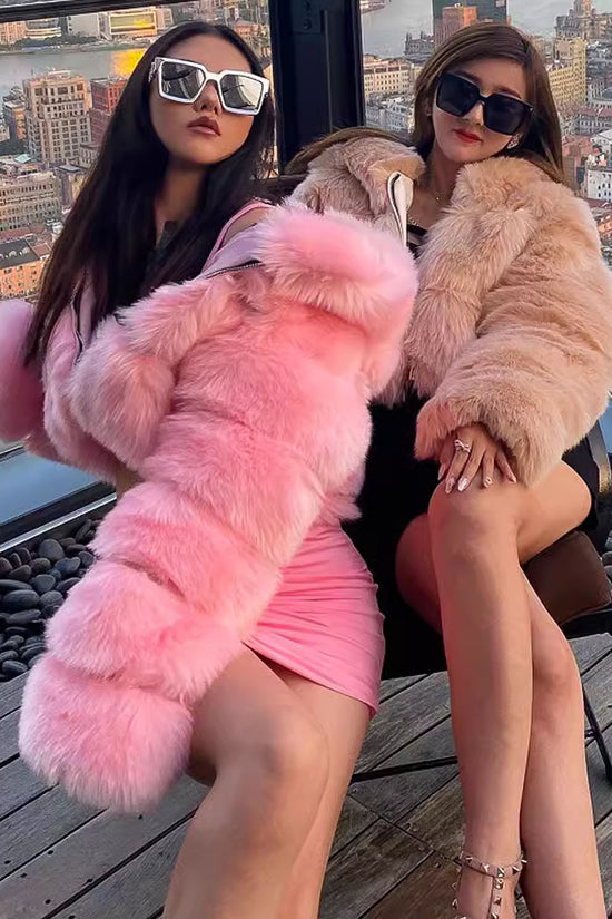 Short Hooded Faux Fur Long Sleeve Coat