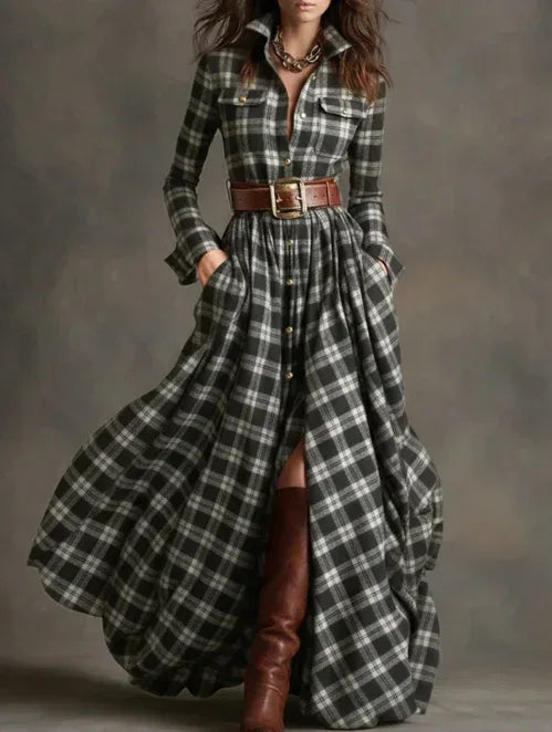 Ins Plaid Print Long-Sleeved Dress Fashion Pockets Collared Buttons Shirt Long Dresses Retro Women's Clothing - DanaFashionstore