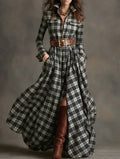 Ins Plaid Print Long-Sleeved Dress Fashion Pockets Collared Buttons Shirt Long Dresses Retro Women's Clothing - DanaFashionstore