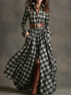 Ins Plaid Print Long-Sleeved Dress Fashion Pockets Collared Buttons Shirt Long Dresses Retro Women's Clothing - DanaFashionstore