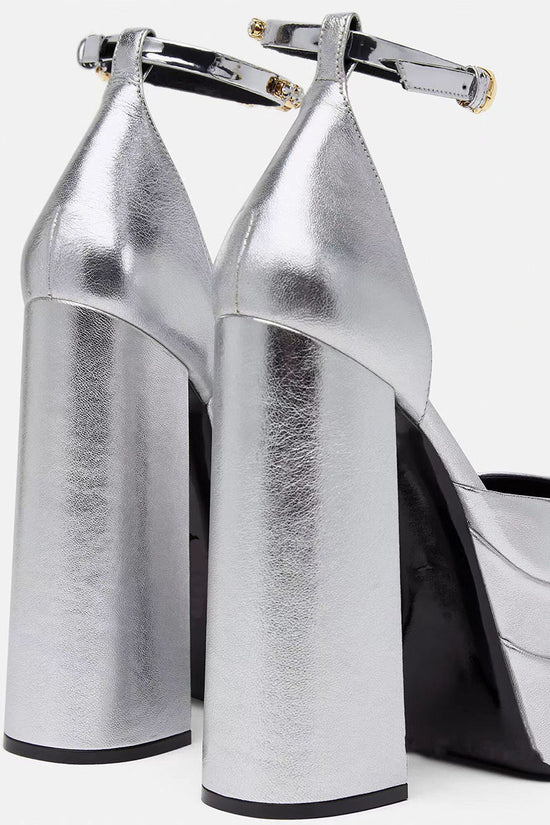 Golden Square Head Hollow Waterproof Platform Buckled Chunky Heel Super High Heel