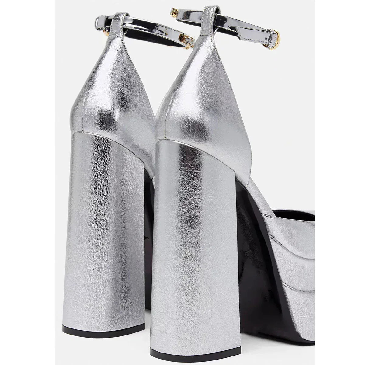 Golden Square Head Hollow Waterproof Platform Buckled Chunky Heel Super High Heel - DanaFashionstore