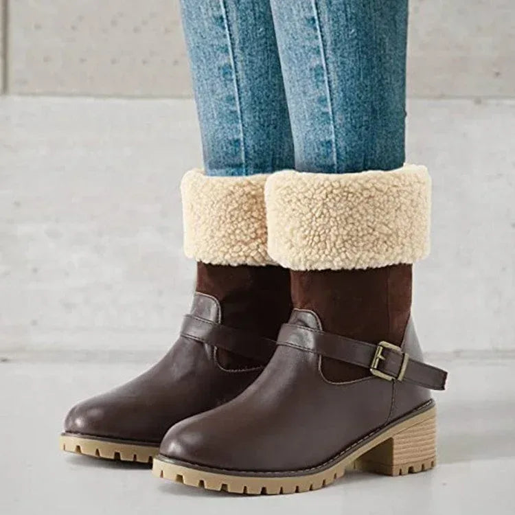 Fashion Boots With Buckle Chunky Heel Shoes Warm Winter Round Toe Western Boots For Women - DanaFashionstore