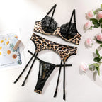 Sexy Leopard Print See-Through Lingerie 2026 - Lace Three-Piece Set - DanaFashionstore