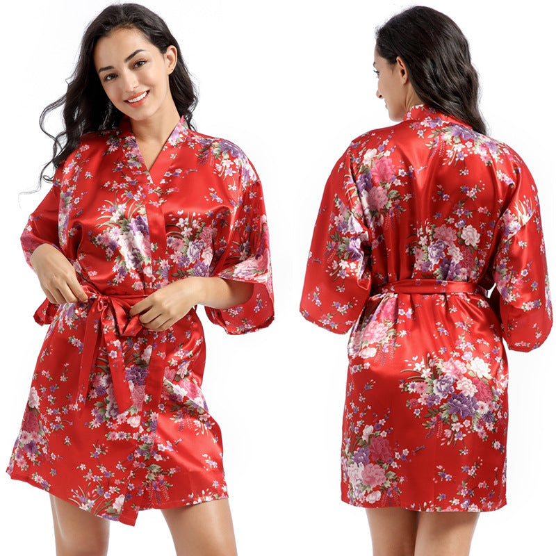 Home Short Cardigan Nightgown Plus Size Loose Silk Printing Morning Gowns - Dana Fashion