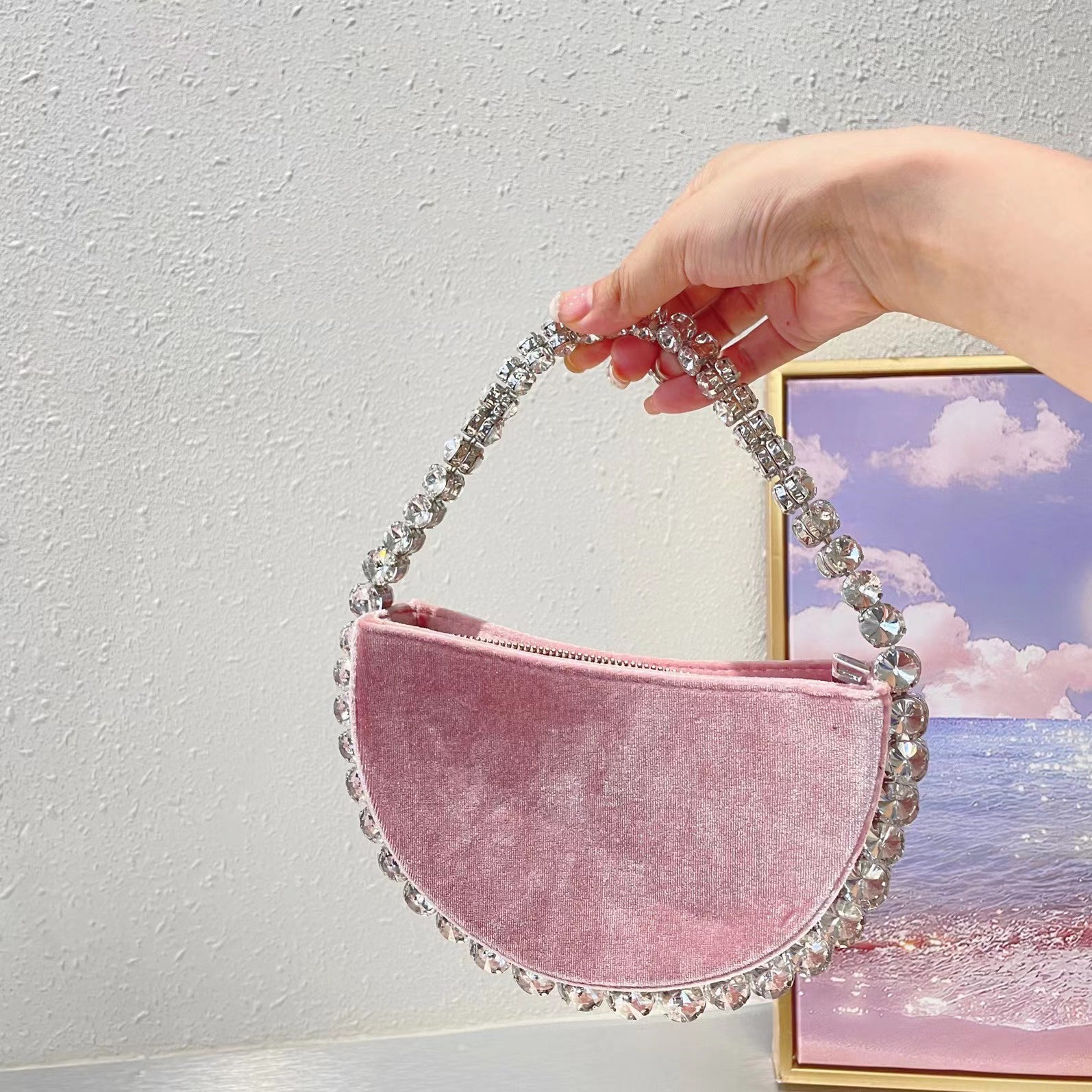 Vintage Banquet Rhinestone Semicircle Bag Diamond Velvet Clutch - Dana Fashion