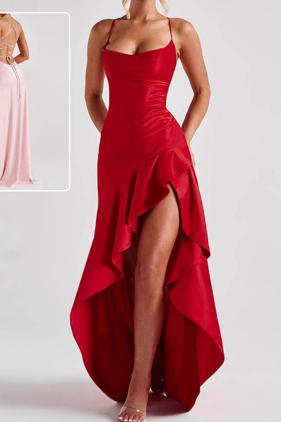 Women's Backless Ruffles Irregular Dress Summer Fashion Evening Party Club Split Suspender Maxi Dresses Clothing