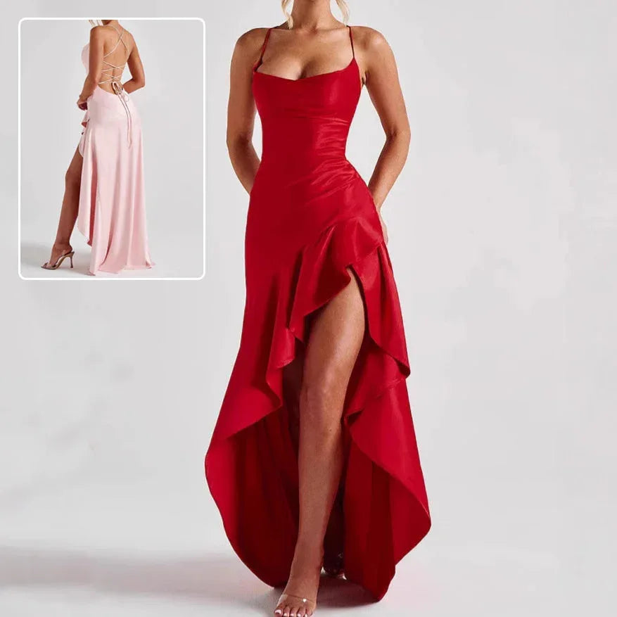 Women's Backless Ruffles Irregular Dress Summer Fashion Evening Party Club Split Suspender Maxi Dresses Clothing - DanaFashionstore