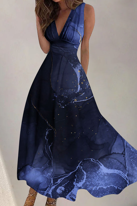 Women's Digital Printing Fashion V-neck Swing Long Dress