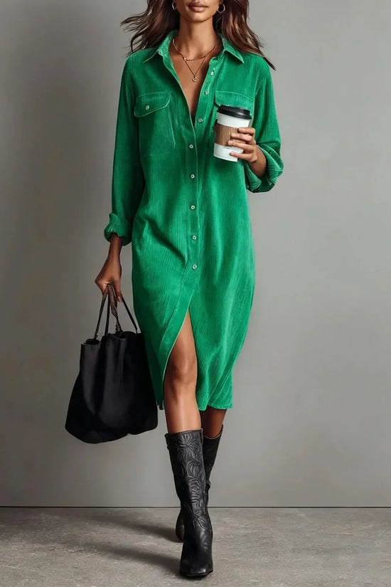 Turn-Down Collar Buttons Chic Casual Dress, Women Spring Autumn Solid Simple Party Dress, Long Sleeve Holiday Ladies Dress - DanaFashionstore