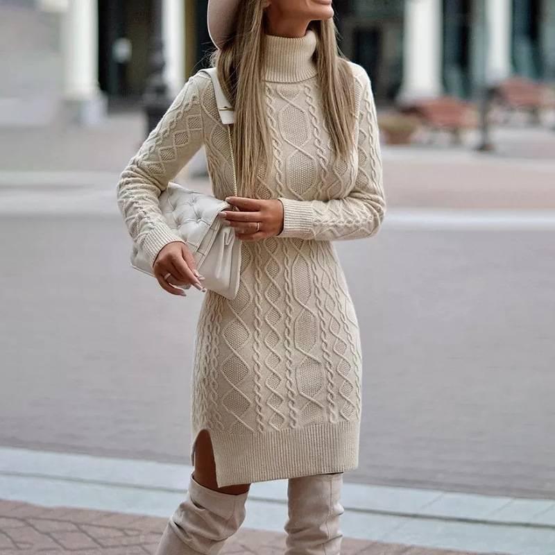 Fashion Turtleneck Knitted Dress With Slit Design Winter Warm Solid Color Pullover Long Sweater Women's Clothing - DanaFashionstore