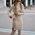Fashion Turtleneck Knitted Dress With Slit Design Winter Warm Solid Color Pullover Long Sweater Women's Clothing - DanaFashionstore