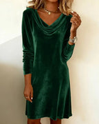 Elegant Solid Color Swing Collar Long Sleeved Velvet Dress Temperament Gentle Skirts For Women Cocktail Party Formal Dresses - DanaFashionstore