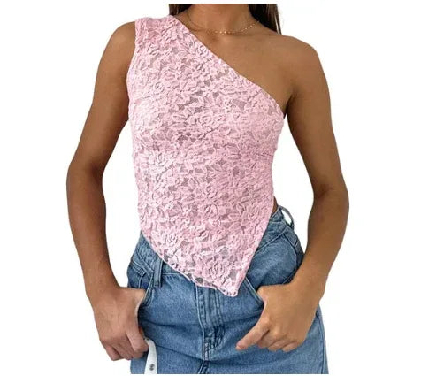 Ins Lace Backless Top Summer Solid Color Waistless Asymmetrical Sloped Neck Vest Streetwear Womens Clothes - DanaFashionstore
