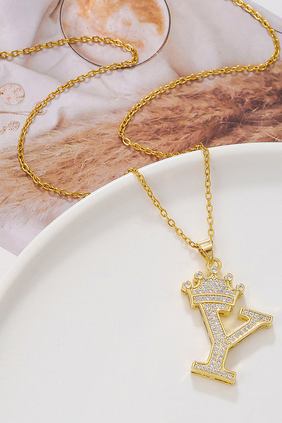 1PCS Fashionable Gold Diamond Crown Uppercase Letter Popular Pendant Necklace Suitable For Daily Use Festivals Parties Gifts Jewelry Set