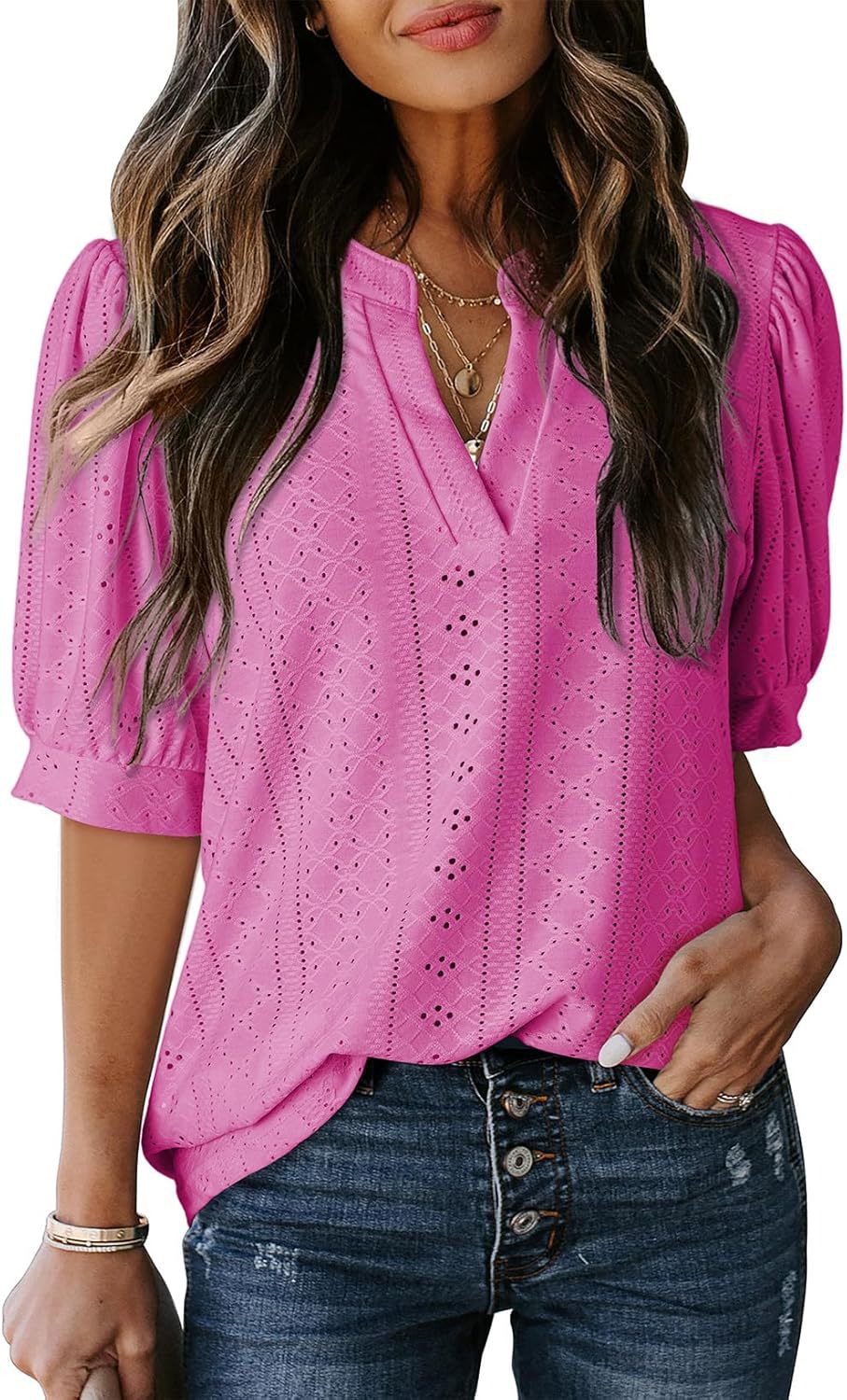 Women's Summer Business Casual Blouse V-neck Short Sleeve Shirt