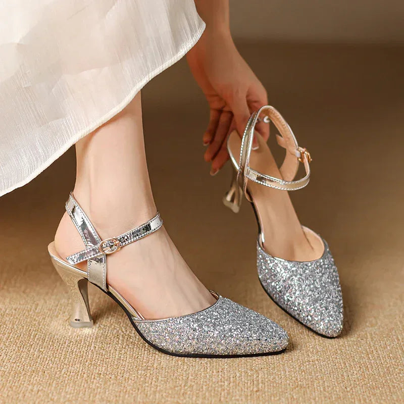 Closed Toe Back Empty Ankle-strap Buckle Sandals Women's Silver High Heel - DanaFashionstore