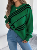 Women Casual Striped Round Neck Lantern Sleeve Long Sleeve Pullover Sweater - DanaFashionstore