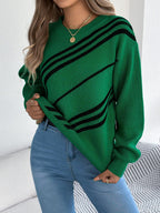 Women Casual Striped Round Neck Lantern Sleeve Long Sleeve Pullover Sweater - DanaFashionstore