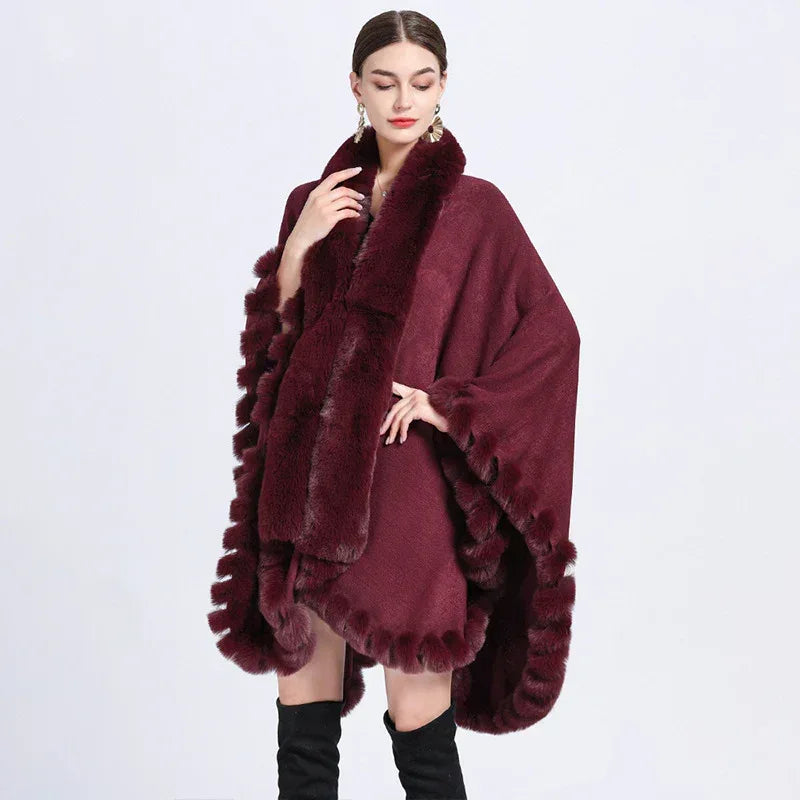 Rex Rabbit Fur Collar Shawl Irregular Oversized Knitted Cardigan Baggy Coat - DanaFashionstore