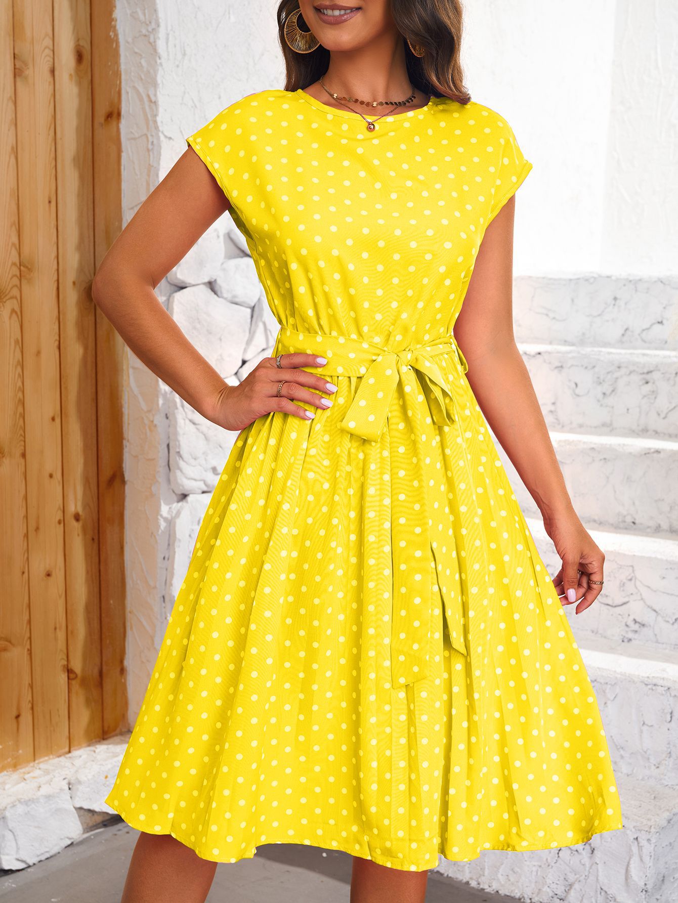 Women's Short Sleeve Lace-up Polka Dots Pleated Dress