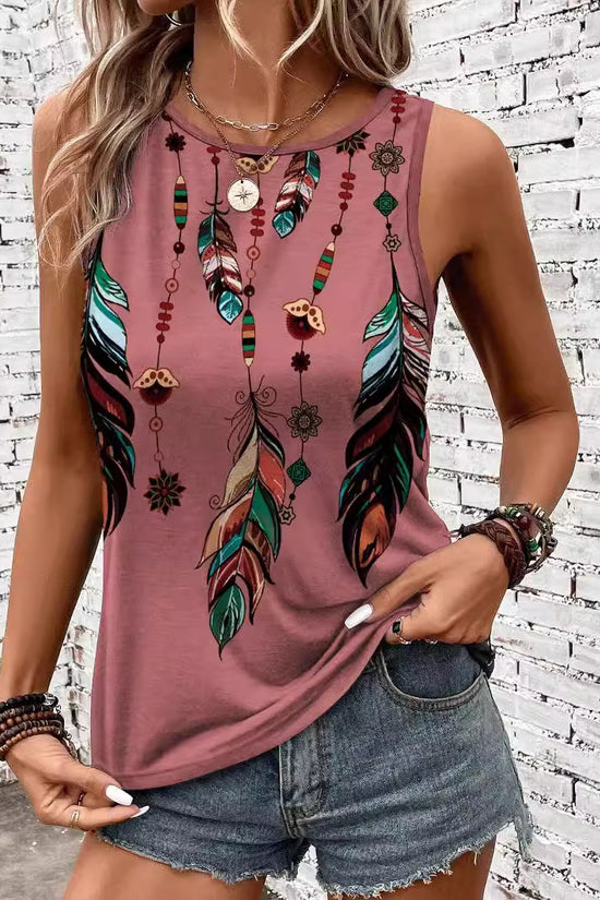 Women's Feather Print Vest Summer Print