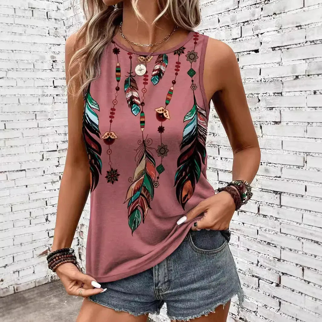 Women's Feather Print Vest Summer Print - DanaFashionstore