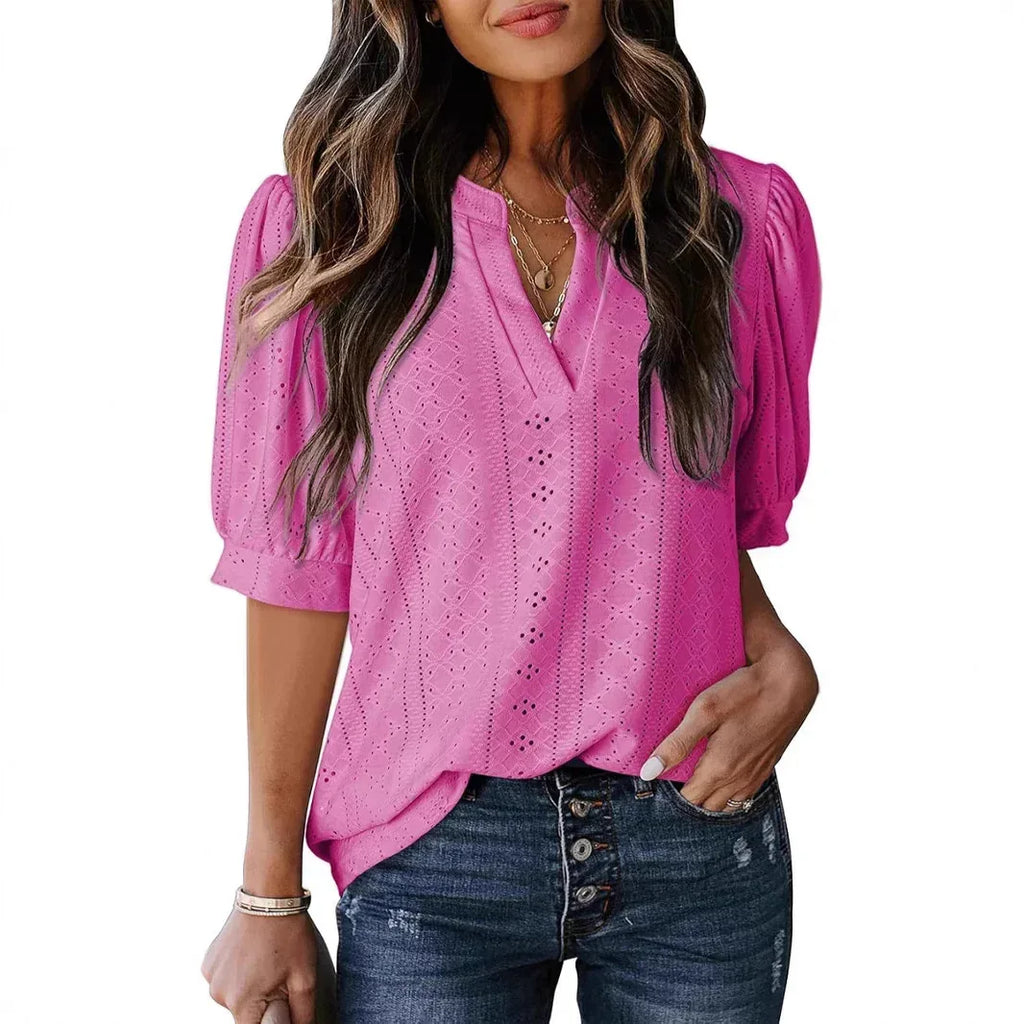 Women's Summer Business Casual Blouse V-neck Short Sleeve Shirt - DanaFashionstore
