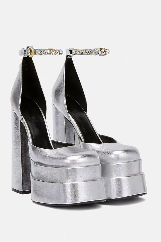 Golden Square Head Hollow Waterproof Platform Buckled Chunky Heel Super High Heel