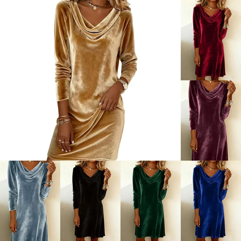 Elegant Solid Color Swing Collar Long Sleeved Velvet Dress Temperament Gentle Skirts For Women Cocktail Party Formal Dresses - DanaFashionstore