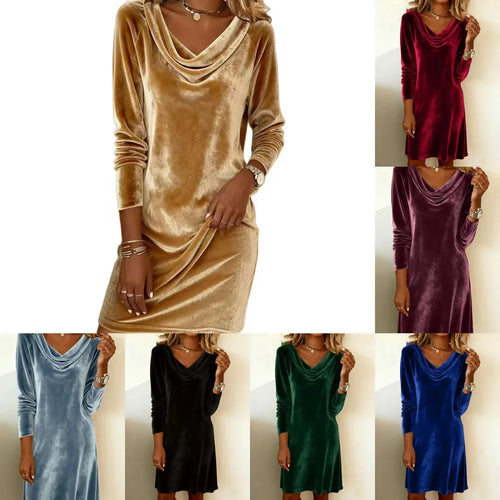 Elegant Solid Color Swing Collar Long Sleeved Velvet Dress Temperament Gentle Skirts For Women Cocktail Party Formal Dresses - DanaFashionstore
