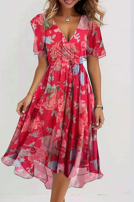 Chiffon Printed Short Sleeve Dress Summer Elegant V-neck Dresses Womens Clothing $51.98 Dana Fashion Color: Red Size: 3XL Women's clothing Overview: Unique design, stylish and beautiful. Good material, comfortable wear. A variety of colors, any choice. Pr