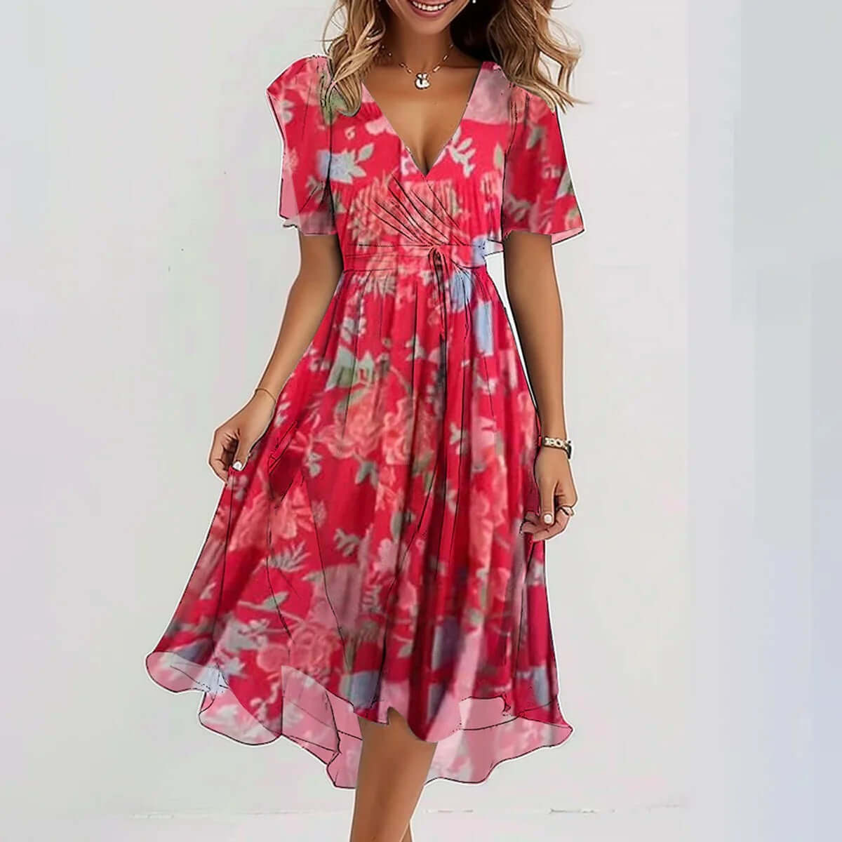 Chiffon Printed Short Sleeve Dress Summer Elegant V-neck Dresses Womens Clothing $51.98 Dana Fashion Color: Red Size: 3XL Women's clothing Overview: Unique design, stylish and beautiful. Good material, comfortable wear. A variety of colors, any choice. Pr
