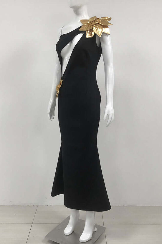 Slim-fit Bandage Golden Flower Maxi Dress $139.12 Dana Fashion Color: Black Size: L Women's clothing Product information: Pattern: Flowers Fabric name: Polyester Skirt type: One-Step skirt Color: Black Size: S,M,L Style type: temperament conjoined Style: