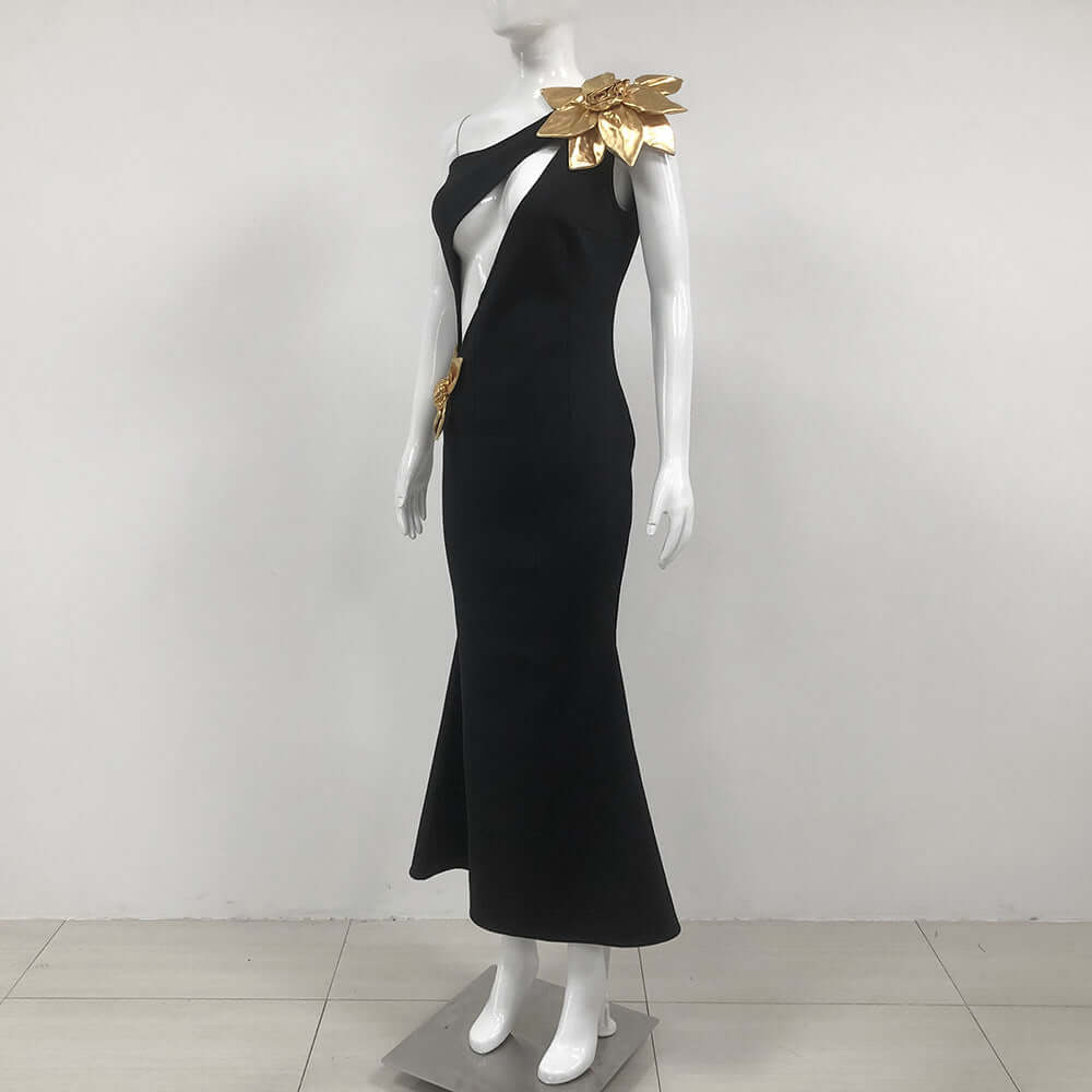 Slim-fit Bandage Golden Flower Maxi Dress $139.12 Dana Fashion Color: Black Size: L Women's clothing Product information: Pattern: Flowers Fabric name: Polyester Skirt type: One-Step skirt Color: Black Size: S,M,L Style type: temperament conjoined Style: