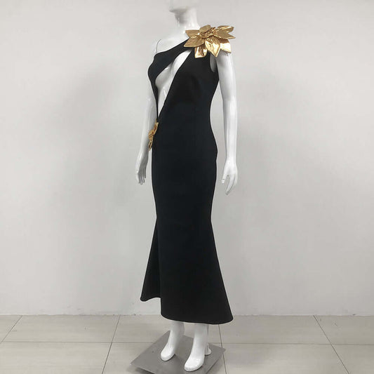 Slim-fit Bandage Golden Flower Maxi Dress $139.12 Dana Fashion Color: Black Size: L Women's clothing Product information: Pattern: Flowers Fabric name: Polyester Skirt type: One-Step skirt Color: Black Size: S,M,L Style type: temperament conjoined Style: