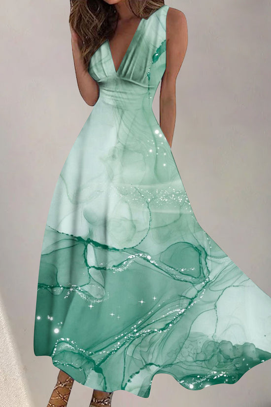 Women's Digital Printing Fashion V-neck Swing Long Dress