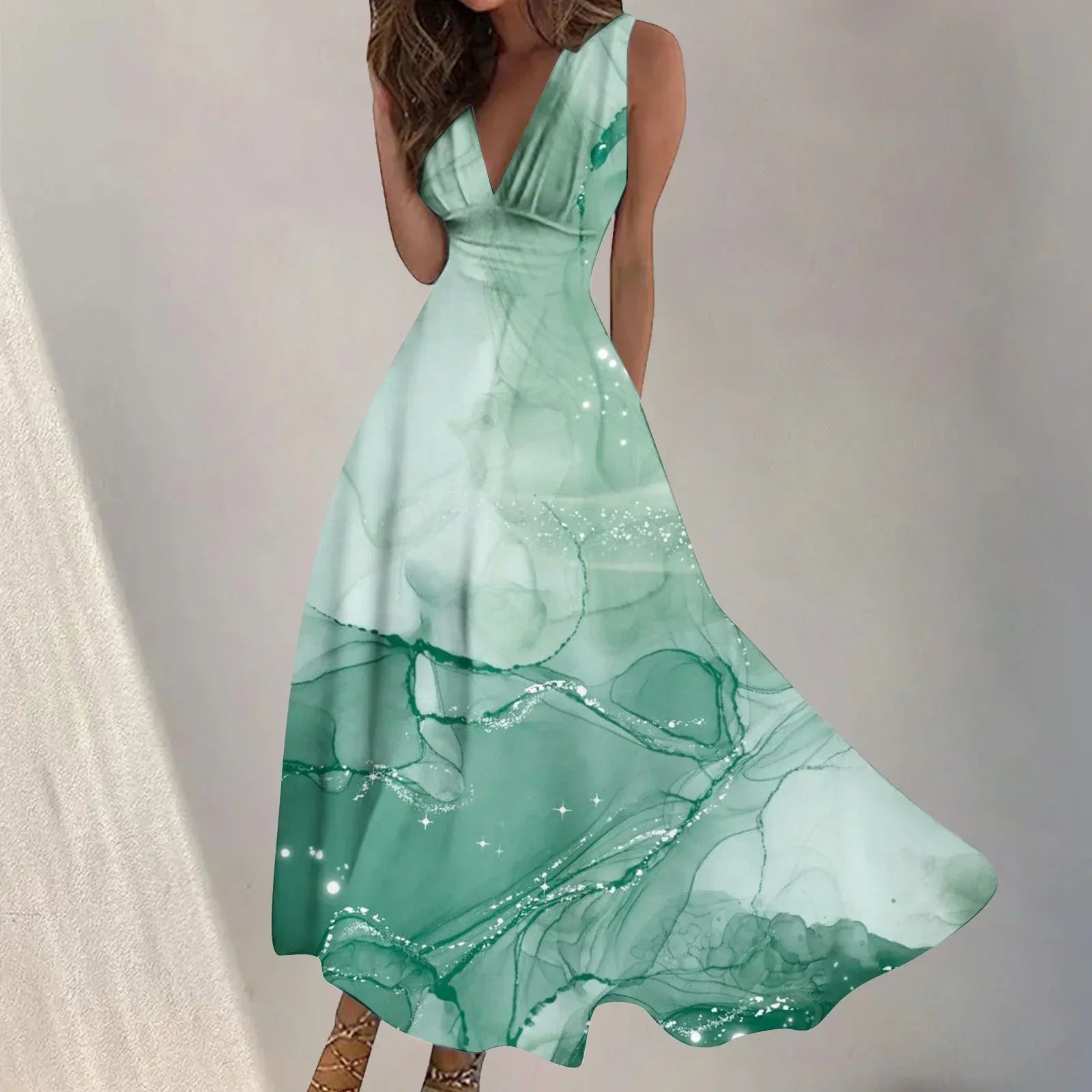 Digital Print V-Neck Swing Dress 2026 - Fashion Long Dress - DanaFashionstore