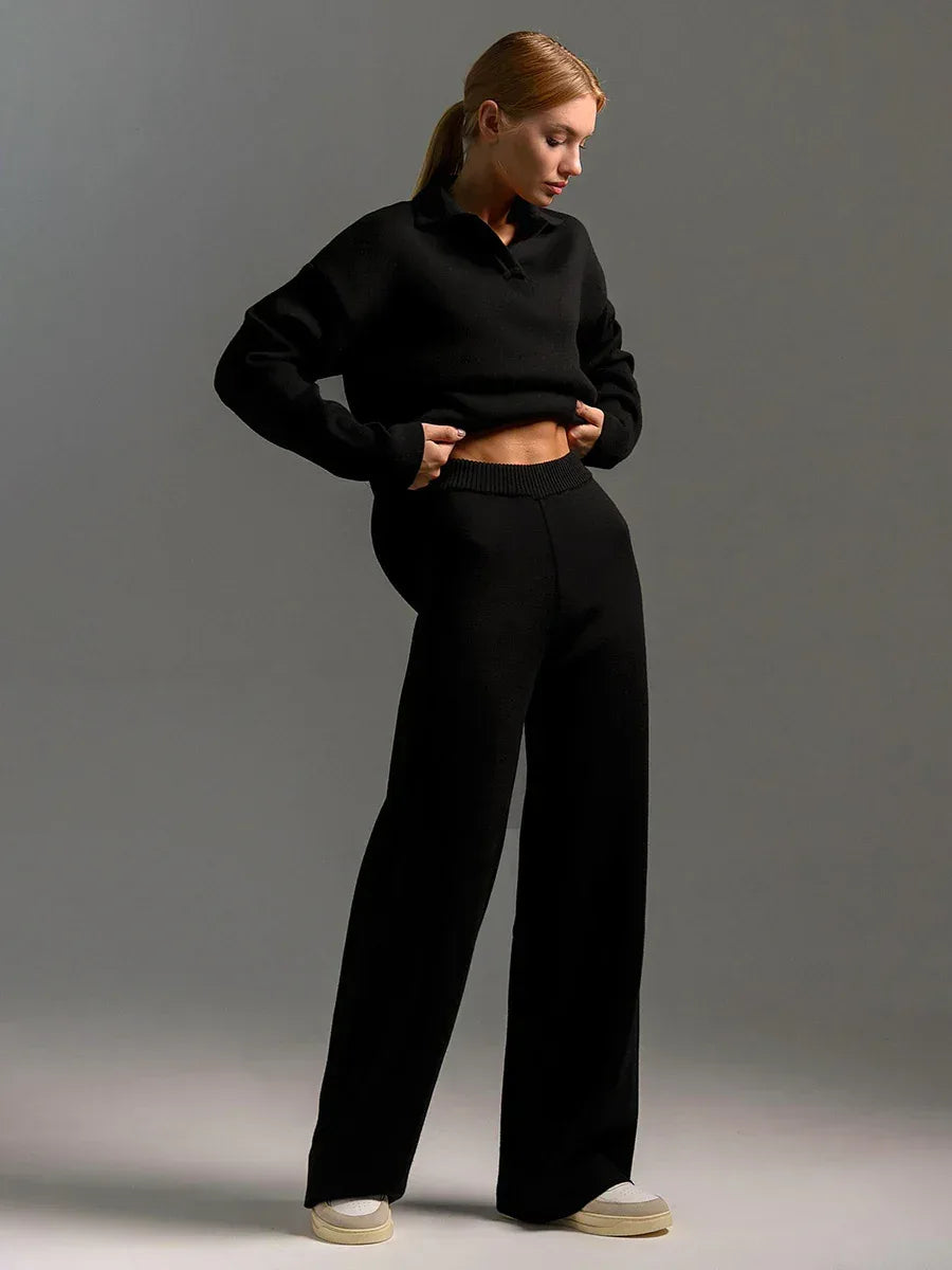 Women's Sweatshirt Suit Casual Collared Long-Sleeved Pullover Top And Loose Straight-Leg Pants Fashion Sport Trousers Set - DanaFashionstore