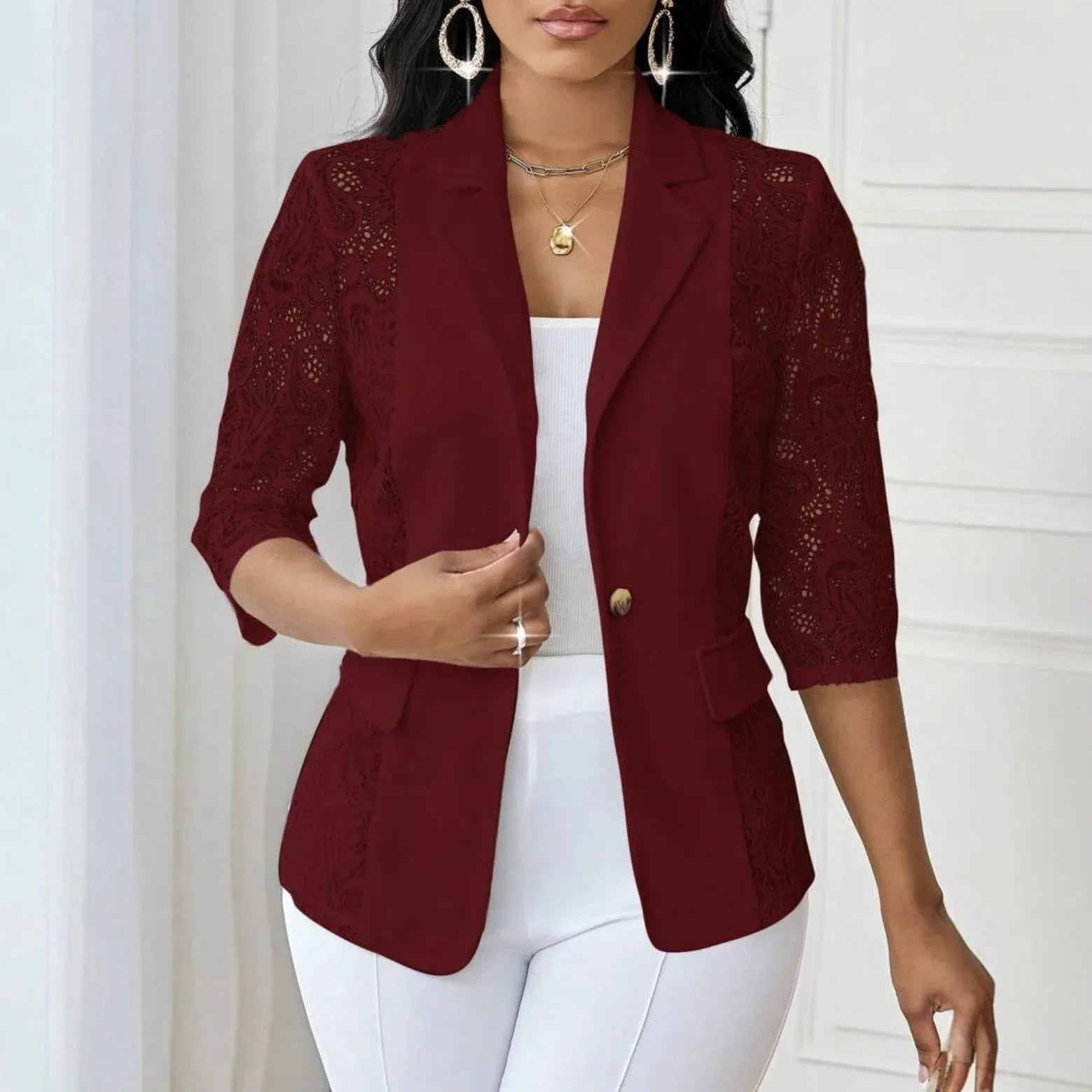 Womens Solid-Color Lace Hollowed-Out Three-Quarter-Sleeve Casual Jacket - DanaFashionstore