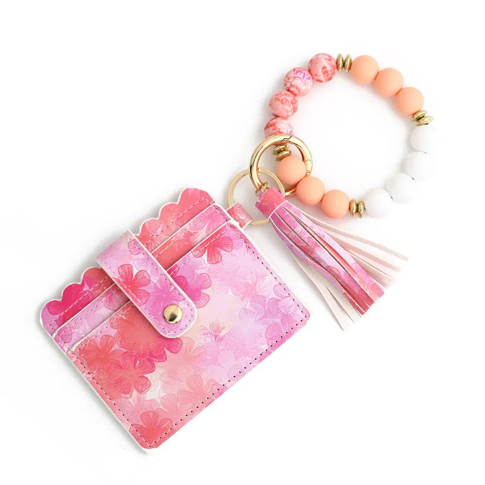 Love Polyurethane Card Holder Silica Gel Key Chain European And American Printed Silicone Beads Bracelet Women's Wallet - DanaFashionstore