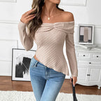 Women's Knitted Solid Color Long Sleeve Off Shoulder Irregular Hem - DanaFashionstore