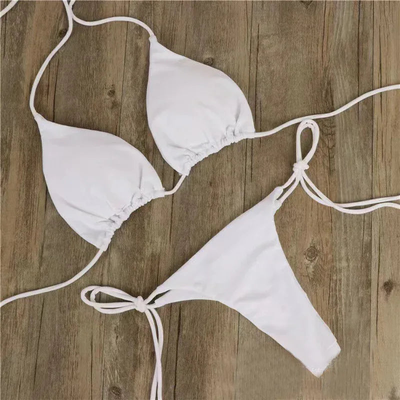 2pcs Halterneck Lace-up Bikini Women Summer Solid Color Sexy Split Strap Adjustable Swimsuit Suit - DanaFashionstore
