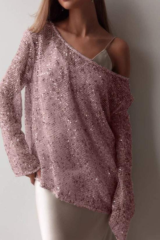 European And American Long Sleeve Hollow Loose Pullover Sequined Top Women's Clothing