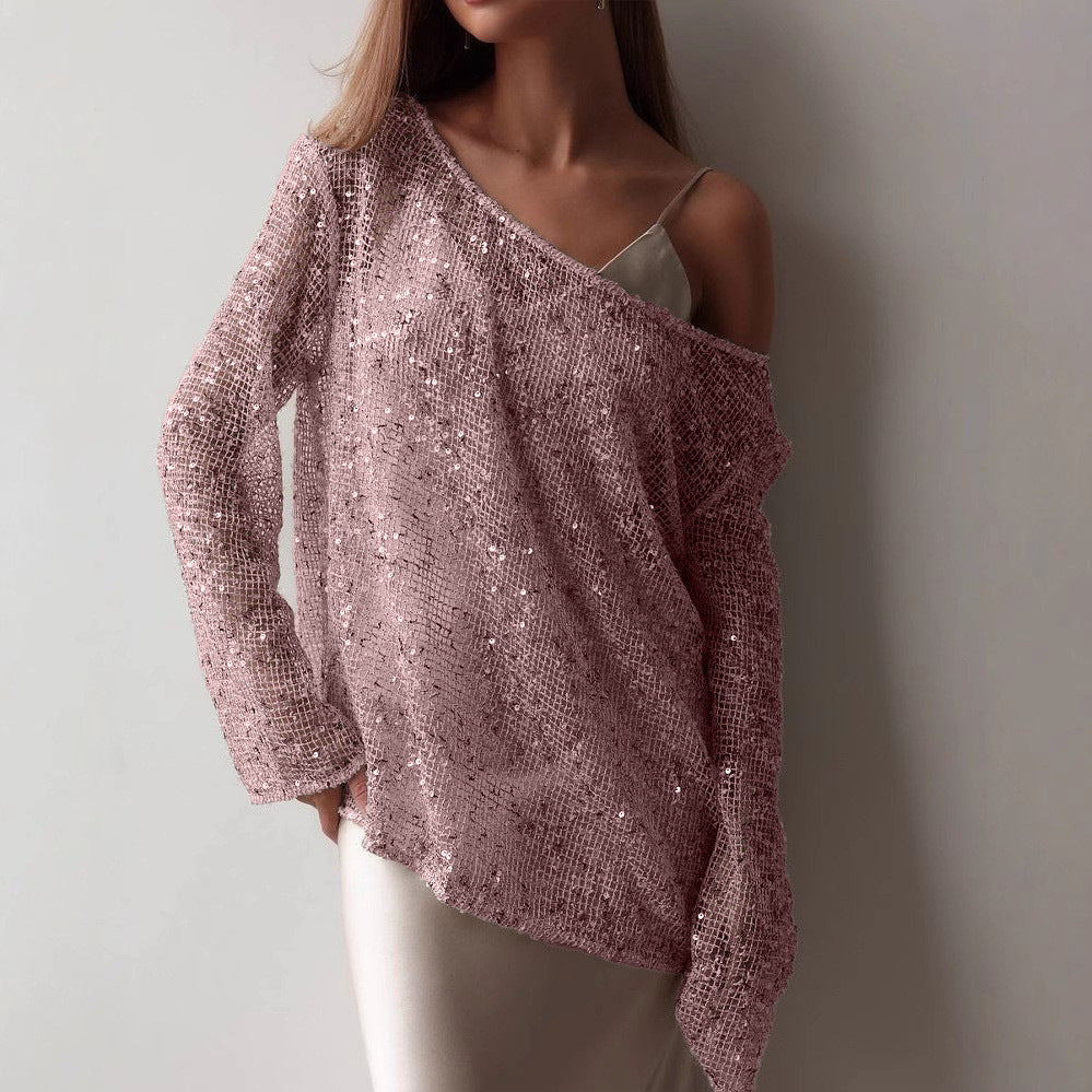 European And American Long Sleeve Hollow Loose Pullover Sequined Top Women's Clothing