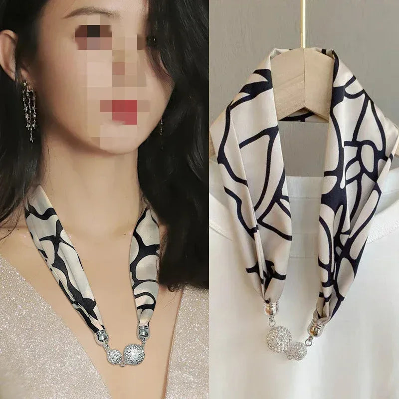 Magnetic Buckle Silk Women Scarf Pearl Necklace - DanaFashionstore