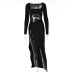 Womens Clothing Long Sleeve Dress Fashion Hollow U-neck Split Dress Party Wedding - DanaFashionstore