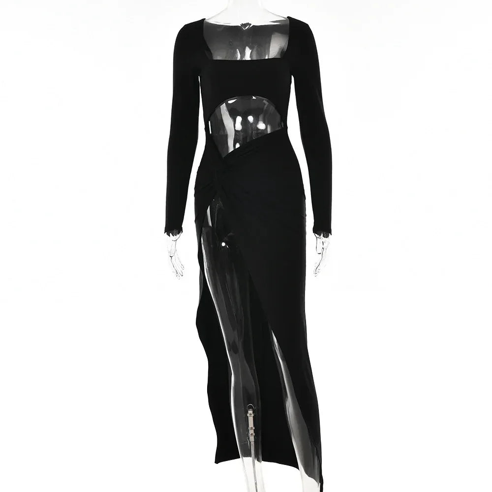 Womens Clothing Long Sleeve Dress Fashion Hollow U-neck Split Dress Party Wedding - DanaFashionstore