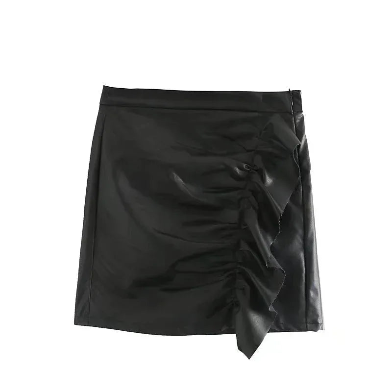 Women's Ruffle Trim Artificial Hip Leather Skirt - DanaFashionstore